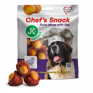 JK ANIMALS Chef's Meat Snack sz&aacute;r&iacute;tott kacsatekercs toj&aacute;ss&aacute;rg&aacute;j&aacute;val 200g